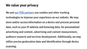 A cookie popup stating “We value your privacy” and then going on to proclaim they intend to sell my browsing data and geolocation data to 1725 different “partners”